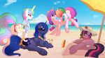  2015 absurd_res beach beach_ball blanket blue_eyes blue_hair book bow camel_toe clothing cloud cutie_mark drink equine eyewear female feral food friendship_is_magic glass glowing group hair half-closed_eyes hat hi_res hooves horn ice_cream long_hair lying magic mammal multicolored_hair my_little_pony on_side outside princess_cadance_(mlp) princess_celestia_(mlp) princess_luna_(mlp) purple_eyes ratofdrawn sea seaside shadow sibling sisters smile straw sunglasses tongue twilight_sparkle_(mlp) umbrella underhoof water winged_unicorn wings 