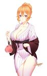  :t artist_name bag blonde_hair breasts citemer cleavage highres japanese_clothes kimono large_breasts nakiri_erina purple_eyes shokugeki_no_souma simple_background solo white_background 