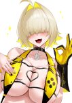  1girl :d ahoge anming areola_slip blonde_hair breasts elegg_(boom_and_shock)_(nikke) elegg_(nikke) gloves goddess_of_victory:_nikke hair_intakes highres huge_breasts official_alternate_costume ok_sign short_hair sim single_glove smile solo upper_body white_background 