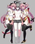  3boys androgynous armored_skirt astolfo_(fate) astolfo_(saber)_(fate) astolfo_(saber)_(first_ascension)_(fate) black_thighhighs blush bow braid braided_ponytail bulge closed_mouth detached_sleeves dual_persona eyelashes fate/apocrypha fate/grand_order fate_(series) full_body gold_trim grey_background grey_hair grey_male_underwear hair_between_eyes hair_bow haoro highres leg_up linea_alba long_hair low_twintails male_focus male_underwear multiple_boys multiple_hair_bows navel nipples open_mouth pink_hair purple_eyes red_eyes red_ribbon ribbon short_hair shoulder_pads sieg_(fate) simple_background spurs tassets thigh_gap thighhighs trap twintails two-sided_sleeves underwear very_long_hair wide_sleeves 