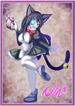  2015 anthro bell big_breasts black_fur black_hair breasts clothed clothing cute eye_patch eyewear feline female footwear fur hair looking_at_viewer maid_uniform mammal orange_eyes pose raised_leg shoes solo tailzkim tea_pot white_fur 