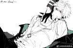  2boys alternate_costume bishounen blush brooch chain chain_necklace chinese_commentary closed_mouth collarbone collared_shirt cross cross_necklace ear_piercing earrings gloves hair_over_one_eye hand_on_another&#039;s_neck huachajiangqwq jacket jewelry knee_up male_focus monochrome multicolored_hair multiple_boys necklace off_shoulder open_clothes open_collar open_jacket orange_eyes out_of_frame pants pectoral_cleavage pectorals piercing shiguang_dailiren shirt short_hair simple_background sitting solo_focus spot_color sweatdrop twitter_username two-tone_hair watermark weibo_watermark white_background xia_fei xiao_weiying yaoi 