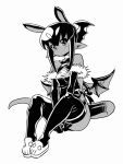  1girl akuyome arm_warmers backless_outfit bare_shoulders blush choker closed_mouth dark_skin frills fur_trim greyscale highres horns looking_at_viewer matsuda_yuusuke monochrome pointy_ears simple_background slippers solo tail white_background white_choker wings yome_(akuyome) 