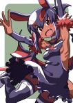  1girl akuyome arm_warmers armpits arms_up backless_dress backless_outfit bare_shoulders blush border choker dark_skin dress fang frills fur_trim green_background horns looking_at_viewer matsuda_yuusuke pointy_ears red_eyes simple_background slippers solo tail thighhighs white_border white_choker white_slippers wings yome_(akuyome) zettai_ryouiki 