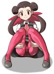  brown_hair crotch_seam hair_pulled_back long_hair looking_at_viewer mary_janes necktie panties panties_under_pantyhose pantyhose pink_legwear pokemon pokemon_(game) pokemon_oras red_eyes refuto school_uniform shoes sitting smile solo tsutsuji_(pokemon) twintails underwear 