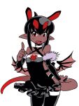  1girl akuyome arm_warmers bare_shoulders choker dark_skin fang frills fur_trim highres horns looking_at_viewer matsuda_yuusuke open_mouth pointy_ears red_eyes simple_background tail thighhighs white_background white_choker wings yome_(akuyome) 