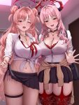  2girls :d ;d black_choker black_skirt blue_archive blush bra bra_peek breasts choker cleavage collared_shirt cowboy_shot double_bun hair_bun halo highres horns indoors jewelry kirara_(genshin_impact) large_breasts long_hair long_sleeves melopun miniskirt mole mole_on_breast multiple_girls navel necklace one_eye_closed open_mouth paid_reward_available panties pink_hair pink_halo pleated_skirt purple_panties red_bra red_eyes red_halo red_horns red_thighhighs satsuki_(blue_archive) shirt side-tie_panties skindentation skirt smile thigh_strap thighhighs thighs underwear white_shirt 