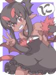  1girl akuyome arm_warmers bare_shoulders border choker dark_skin fur_trim grin horns matsuda_yuusuke pointy_ears purple_background red_eyes smile tail v white_border white_choker wings yome_(akuyome) 