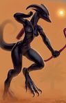  2015 anklet anthro arrow black_scales black_sclera bow_(weapon) breasts claws curved_horns dragon female horn nipples nude palm_trees pussy quiver ranged_weapon sand solo sun weapon white_eyes wide_hips zaggatar 