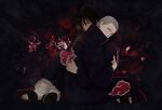  2boys akatsuki_uniform black_hair black_nails full_body green_eyes grey_hair hidan_(naruto) highres hug kakuzu_(naruto) looking_at_viewer male_focus multiple_boys nail_polish naruto_(series) naruto_shippuuden ninja purple_eyes short_hair toenail_polish toenails yi_(199702090505) 