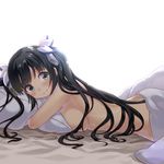  black_hair blue_eyes blush breasts buntan dungeon_ni_deai_wo_motomeru_no_wa_machigatteiru_darou_ka hair_ribbon hestia_(danmachi) large_breasts long_hair looking_at_viewer lying naked_sheet nude on_stomach pillow pillow_hug ribbon sideboob smile solo twintails under_covers 