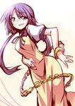  :d \||/ breasts chain dancing dress dutch_angle gold_chain hemogurobin_a1c long_hair looking_at_viewer medium_breasts open_mouth puffy_short_sleeves puffy_sleeves purple_eyes purple_hair short_sleeves smile solo touhou tsukumo_benben 