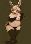  anthro areola bedroom_eyes belly blush boots breasts clothed clothing dildo dominatrix female footwear fur gloves green_background hair half-closed_eyes half-dressed kemono lagomorph looking_at_viewer mammal navel nipples overweight pink_eyes plain_background rabbit sansh sex_toy solo standing strapon topless whip white_fur white_hair 