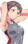  armpit_hair armpits arms_behind_head arms_up blush breasts brown_eyes collarbone competition_swimsuit covered_nipples em facial_mark girls_und_panzer grey_hair light_frown looking_away medium_breasts naomi_(girls_und_panzer) one-piece_swimsuit short_hair simple_background solo star sweat swimsuit upper_body very_short_hair white_background 