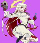  :d ahoge albino ankh arm_strap ass bangs bellbottoms belt black_gloves bodysuit breasts candy center_opening cleavage food from_side gloves guilty_gear guilty_gear_xrd halo high_heels holding jack-o'_valentine leg_lift lollipop long_hair looking_at_viewer looking_back loose_belt mask mask_removed medium_breasts multicolored_hair open_mouth pink_eyes purple_background red_gloves red_hair shinzou shoes side_slit simple_background smile solo strap studded_belt twisted_torso two-tone_hair very_long_hair white_hair wide_sleeves 