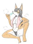  anthro black_hair blush breasts brown_fur butt camel_toe canine cleavage clothed clothing eating female food fox fullbokko_heroes fur hair haratakeshi heat_(temperature) ice_cream licking mammal navel nipple_bulge panties pubic_mound ruffles sadamasa solo spread_legs spreading sweat tongue tongue_out towel underwear white_fur yellow_eyes 