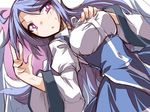  ahoge blue_hair breasts dress dutch_angle hand_on_own_chest hemogurobin_a1c juliet_sleeves long_hair long_sleeves looking_at_viewer medium_breasts puffy_sleeves red_eyes sariel solo touhou touhou_(pc-98) triangle_mouth w wings 
