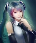  aqua_hair blue_eyes detached_sleeves hatsune_miku kaze_no_gyouja long_hair looking_at_viewer necktie realistic smile solo twintails vocaloid 