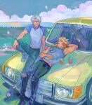  2boys antenna_hair arm_behind_head arm_rest arm_tattoo arm_up bare_shoulders black_pants blonde_hair blue_pants can car cassette_player closed_eyes cloud contemporary crew_neck denim drink_can field gradient_hair groin guitar_case hair_between_eyes hand_on_own_knee honkai:_star_rail honkai_(series) instrument_case jeans knee_up looking_at_another lying male_focus mercedes-benz midriff_peek motor_vehicle multicolored_hair multiple_boys mydei_(honkai:_star_rail) on_back open_mouth outdoors p1enon pants phainon_(honkai:_star_rail) shirt shoelaces shoes short_hair short_sleeves sky smile sneakers soda_can star_(symbol) tank_top tattoo torn_clothes torn_pants two-tone_shirt water white_hair yellow_eyes 