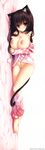  2014 absurdres animal_ears artist_name bed_sheet black_hair blush breasts cat_ears cat_tail collarbone dakimakura highres huge_filesize large_breasts leg_warmers long_hair looking_at_viewer lying mia_flatpaddy nipples on_side original red_eyes scan smile solo syroh tail 