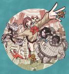  1boy 2girls animal ayase_momo ayase_seiko black_cape black_skirt blue_border border bow bowtie cape cat circle dandadan earrings exposed_muscle gakuran glasses grandmother_and_granddaughter high_ponytail holding holding_sword holding_weapon jewelry medium_hair mr._mantis_shrimp multiple_girls open_mouth ponytail red_bow red_bowtie rope school_uniform serpo_(dandadan) shimenawa skirt swept_bangs sword takakura_ken_(dandadan) takeuchi_ryousuke turbo_granny_(dandadan) weapon 