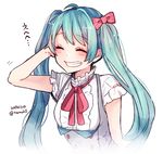  ahoge blue_hair blush bow closed_eyes dated hair_bow hatsune_miku long_hair pink_bow red_ribbon ribbon short_sleeves solo tama_(songe) translated twintails twitter_username vocaloid white_background 