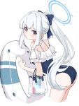  1girl ass blue_archive blue_halo bow commentary frilled_one-piece_swimsuit frills from_side grey_hair hair_bow halo leaning_forward long_hair looking_at_viewer miyako_(blue_archive) miyako_(swimsuit)_(blue_archive) off-shoulder_one-piece_swimsuit off_shoulder official_alternate_costume one-piece_swimsuit ponytail purple_eyes solo swimsuit tobimatsu_mutsutarou transparent_bag white_innertube 