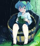  bad_id bad_twitter_id bare_legs barefoot blush bucket food fruit full_body green_eyes green_hair hair_bobbles hair_ornament heiya japanese_clothes kimono kisume light_particles long_sleeves looking_at_viewer partially_submerged sitting smile solo touhou twintails water watermelon wide_sleeves wooden_bucket yukata 