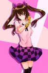  black_legwear bow brown_eyes brown_hair cellphone cellphone_camera checkered checkered_skirt hair_bow hat hazuki_kyou highres himekaidou_hatate one_eye_closed phone skirt solo tokin_hat touhou twintails 