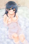  bangs bathtub black_eyes blue_hair blush breasts highres kantai_collection kasumi_seiki long_hair medium_breasts navel nipples nude pussy sitting smile solo steam ushio_(kantai_collection) water wet 