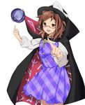 :d brown_eyes brown_hair cape clothes_writing glasses hat highres occult_ball open_mouth red-framed_eyewear shahha shirt skirt smile solo touhou usami_sumireko vest 