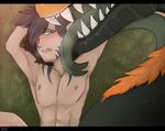  blush brown_hair dragon duo elik female feral furrycandyshop grass green_scales hair humanoid interspecies ivyora licking male markings muscles nipples nude open_mouth orange_scales saliva scar sharp_teeth teeth tongue tongue_out 