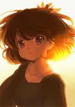  aki_shizuha backlighting collarbone dark face gradient gradient_background iris_anemone leaf leaf_on_head long_sleeves looking_at_viewer open_mouth short_hair solo sunlight touhou upper_body 