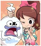  bad_id bad_pixiv_id brown_hair character_name ghost high_ponytail kodama_fumika long_hair looking_at_viewer one_eye_closed open_mouth pendant_watch purple_lips sakiko_(gekiama) smile star watch whisper_(youkai_watch) youkai youkai_watch youkai_watch_(object) 
