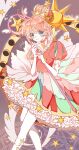  1girl antenna_hair aqua_eyes brown_background cardcaptor_sakura cheryl_qaq choker closed_mouth crown dress elbow_gloves eyelashes feet_out_of_frame frilled_dress frills gloves hair_between_eyes happy highres holding holding_staff kinomoto_sakura looking_ahead magic_circle magical_girl medici_collar orange_hair outline pantyhose pink_choker puffy_short_sleeves puffy_sleeves red_crown red_dress short_dress short_hair short_sleeves sidelocks signature smile solo sparkle staff star_(symbol) star_choker star_wand sun_symbol white_gloves white_outline white_pantyhose winged_wand 
