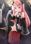  arukanu black_footwear black_legwear blush boots detached_sleeves highres krul_tepes long_hair looking_at_viewer owari_no_seraph pink_eyes pink_hair pointy_ears sitting skirt solo takapii thigh_boots thighhighs 