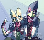  aoiuchuu avian bird blue_eyes canine clothing couple falco_lombardi fox fox_mccloud green_eyes hug male male/male mammal nintendo one_eye_closed red_string_of_fate star_fox video_games wink 