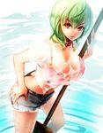  bra breasts broom butt_crack crop_top flower flower_necklace flower_ornament green_hair hand_on_hip huge_breasts jewelry kazami_yuuka legs looking_at_viewer nagare navel necklace parted_lips red_bra red_eyes see-through short_hair short_shorts short_sleeves shorts solo touhou underwear water wet wet_clothes 