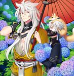  armor earrings flower fox highres hydrangea japanese_armor japanese_clothes jewelry kogitsunemaru magatama magatama_earrings male_focus menpoo military military_uniform mitani_kitsune multiple_boys nakigitsune nakigitsune's_fox oriental_umbrella rain red_eyes smile touken_ranbu umbrella uniform white_hair yellow_eyes 