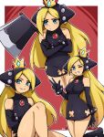  1girl axe black_dress blonde_hair blue_eyes blush bracelet breasts clothing_cutout collarbone crossed_arms crown dress elbow_gloves gloves highres jewelry mario_(series) mario_power_tennis mario_tennis one_eye_closed oninuer outline signature spiked_bracelet spikes w warupeach white_outline 