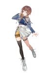  1girl anya_melfissa black_thighhighs blonde_hair blue_jacket blue_shirt boots brown_hair center-flap_bangs cropped_jacket cropped_shirt denim denim_jacket full_body gradient_hair hair_ornament hairclip half-skirt hand_up highres hololive hololive_indonesia jacket lace-up_boots long_hair looking_at_viewer midriff miniskirt mint-tan multicolored_hair o-ring o-ring_thigh_strap official_alternate_costume official_alternate_hairstyle official_art overskirt parted_lips pencil_skirt platform_boots pleated_skirt purple_eyes second-party_source shirt sidelocks simple_background single_off_shoulder single_thighhigh skirt solo straight-on streaked_hair tachi-e thigh_strap thighhighs transparent_background virtual_youtuber white_boots white_skirt yellow_skirt 