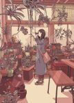  1girl 456 arm_up bag bamboo_screen bench black_eyes black_hair bucket cloud coat flat_color hanging_plant indoors long_hair muted_color original pants pants_rolled_up plant potted_plant satchel shoes sky sneakers solo table window winter_clothes winter_coat 