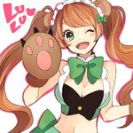  ;d animal_ears bear_ears bear_girl bear_paws blush bow breasts brown_hair character_name cleavage gloves green_bow green_eyes hair_bow large_breasts long_hair looking_at_viewer maid_headdress midriff one_eye_closed open_mouth paw_gloves paws smile solo tama_(songe) twintails very_long_hair yuri_kuma_arashi yurigasaki_lulu 
