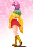  blush boots hazuki_kyou hieda_no_akyuu japanese_clothes kimono knee_boots looking_back miniskirt purple_eyes purple_hair skirt solo touhou wide_sleeves yellow_footwear 