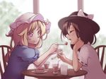  blonde_hair blush brown_hair cake chair closed_eyes colored_eyelashes feeding food fork hat hat_ribbon looking_at_another maribel_hearn midorino_eni mob_cap multiple_girls open_mouth puffy_sleeves purple_eyes ribbon shirt short_hair short_sleeves sitting smile sweets table touhou usami_renko 