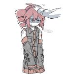  1girl 1other ahoge bare_shoulders black_shirt black_skirt closed_mouth collared_shirt cropped_legs detached_sleeves drill_hair frown hato_no_mune_wo_momitai headpat headset jitome kasane_teto kasane_teto_(utau) motion_lines nervous_sweating red_eyes shaded_face shirt simple_background skirt solo speech_bubble sweat translation_request twin_drills utau v_arms white_background 