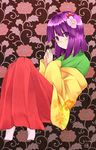  blush flower hair_flower hair_ornament hazuki_kyou hieda_no_akyuu highres japanese_clothes kimono purple_eyes purple_hair solo tabi touhou wide_sleeves 