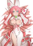  :q blue_eyes breasts covered_navel elphelt_valentine guilty_gear guilty_gear_xrd hat heart highres infraton large_breasts lying nipples pink_hair solo spoken_heart tongue tongue_out 