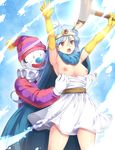  1girl assisted_exposure bad_id bad_pixiv_id blue_hair breasts brown_hair circlet clown dragon_quest dragon_quest_iii dress dress_pull elbow_gloves gloves humiliation jester_(dq3) komimiyako large_breasts nipples open_mouth pulled_by_another red_eyes sage_(dq3) staff 