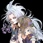  1boy black_background blue_eyes bykillt character_doll cropped_jacket dated doll feather_hair_ornament feathers final_fantasy final_fantasy_ix grey_hair hair_ornament hand_on_own_cheek hand_on_own_face jacket kuja long_hair male_focus midriff parted_bangs purple_jacket sketch smile solo upper_body white_sleeves 
